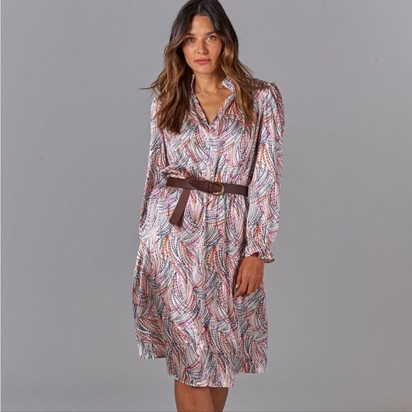 Tucker Stella Dress Ecru Retro Geo in Stretch Charmeuse Silk Mock Neck - Picture 1 of 1